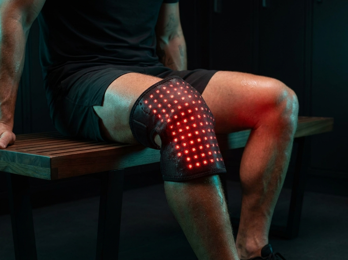 The Wrap — Renew Red Light cordless therapy wrap worn on knee in dark recovery studio