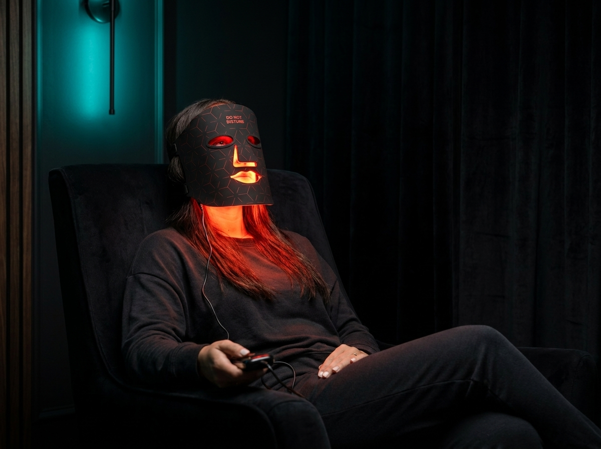 The Mask — Renew Red Light LED therapy mask worn in dark recovery room