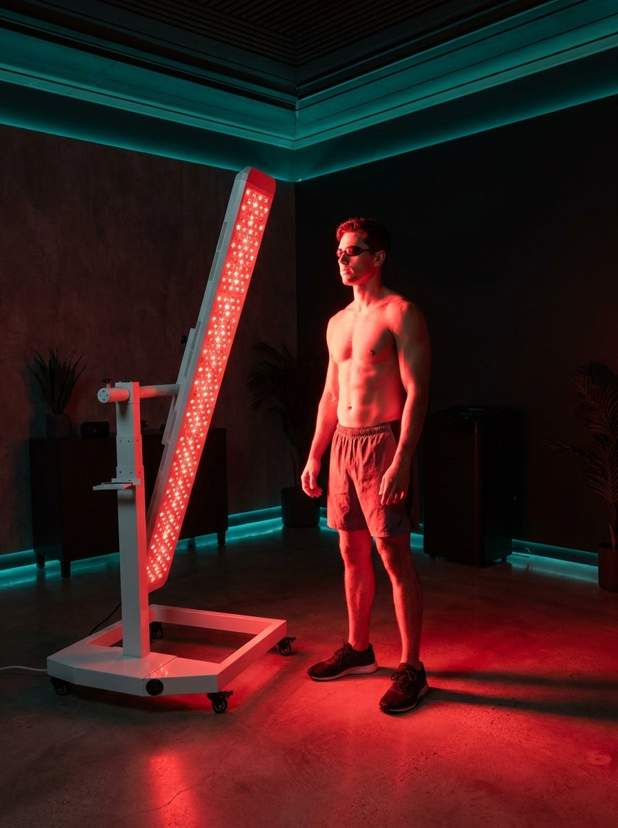 The Panorama Panel — Renew Red Light full-body panel with adjustable stand in dark recovery studio